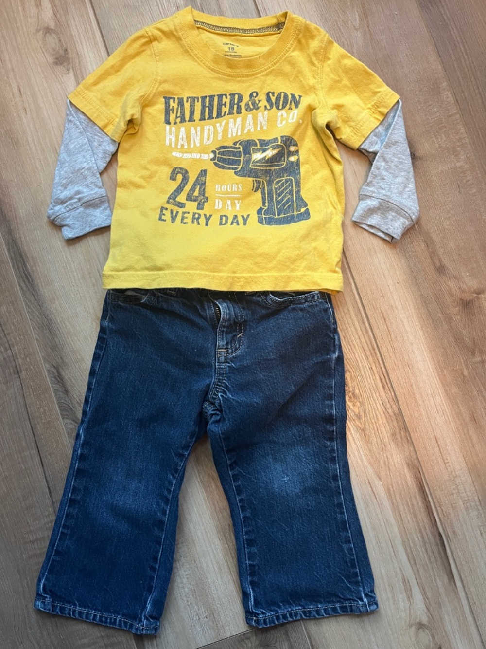Yellow 'Father & Son Handyman Co.' Long Sleeve Layered Tee and Old Navy Jeans